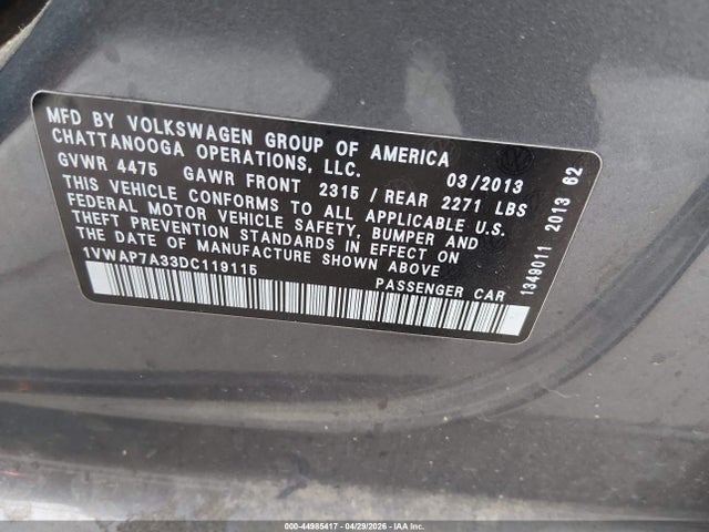 44985417 :رقم المزاد ، 1VWAP7A33DC119115 vin ، 2013 Volkswagen Passat 2.5l S مزاد بيع
