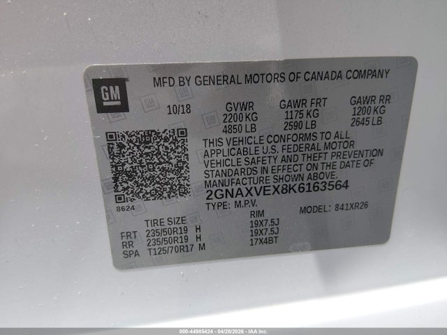 44985424 :رقم المزاد ، 2GNAXVEX8K6163564 vin ، 2019 Chevrolet Equinox Lt مزاد بيع