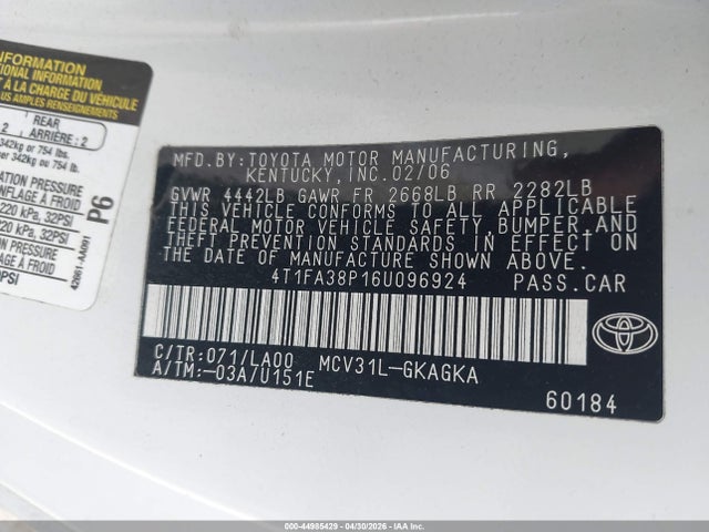 2006 Toyota Camry Solara Sle მანქანა იყიდება აუქციონზე, vin: 4T1FA38P16U096924, აუქციონის ნომერი: 44985429