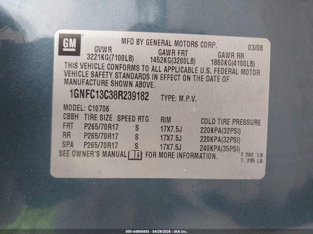 2008 Chevrolet Tahoe Ls მანქანა იყიდება აუქციონზე, vin: 1GNFC13C38R239182, აუქციონის ნომერი: 44985455