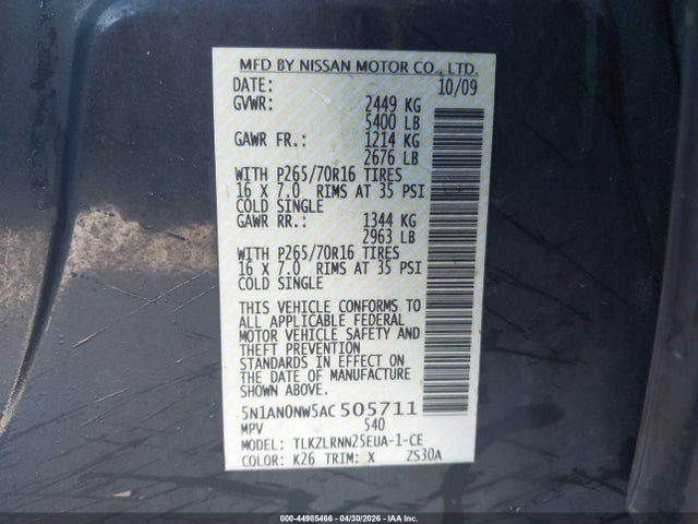 2010 Nissan Xterra S მანქანა იყიდება აუქციონზე, vin: 5N1AN0NW5AC505711, აუქციონის ნომერი: 44985466
