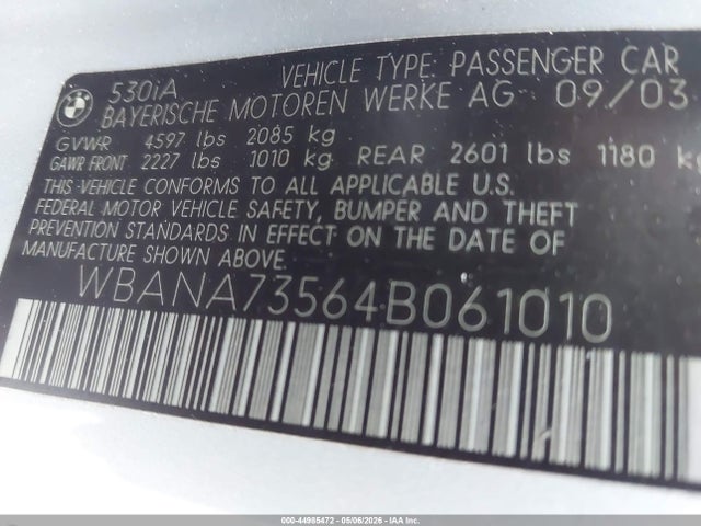 Продажа на аукционе авто 2004 Bmw 530i, vin: WBANA73564B061010, номер лота: 44985472