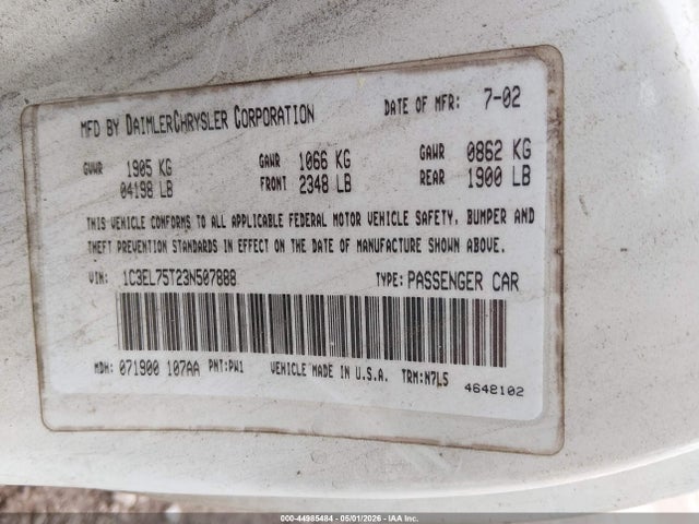 2003 Chrysler Sebring Gtc მანქანა იყიდება აუქციონზე, vin: 1C3EL75T23N507888, აუქციონის ნომერი: 44985484