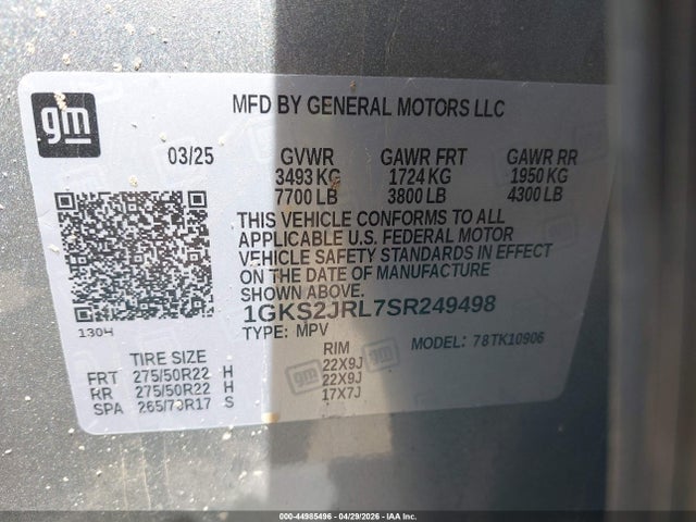 44985496 :رقم المزاد ، 1GKS2JRL7SR249498 vin ، 2025 Gmc Yukon Xl 4wd Denali مزاد بيع