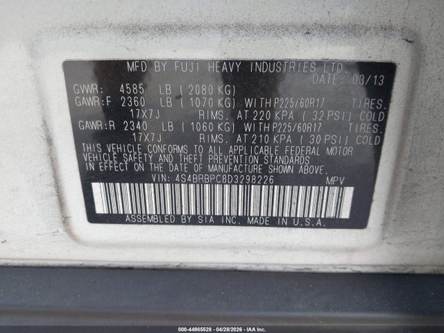 44985528 :رقم المزاد ، 4S4BRBPC8D3298226 vin ، 2013 Subaru Outback 2.5i Limited مزاد بيع