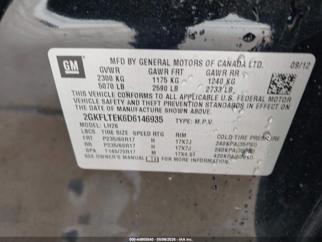 Aukcja sprzedaży 2013 Gmc Terrain Sle-2, vin: 2GKFLTEK6D6146935, numer aukcji: 44985540