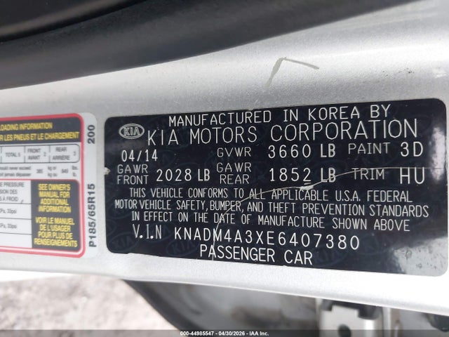 Aukcja sprzedaży 2014 Kia Rio Lx, vin: KNADM4A3XE6407380, numer aukcji: 44985547