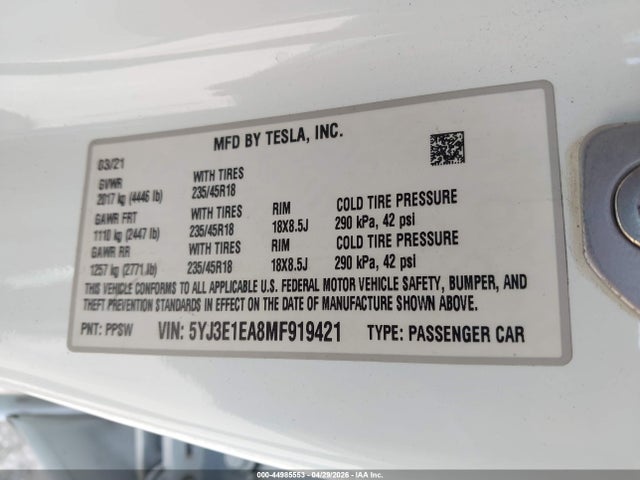 Tesla Model 3 Standard Range Plus Rear-wheel Drive 2021 5YJ3E1EA8MF919421 Image 9