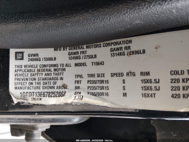 44985556 :رقم المزاد ، 1GCDT13E678252868 vin ، 2007 Chevrolet Colorado Lt مزاد بيع
