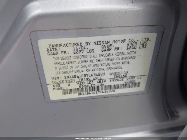 Продаж на аукціоні авто 2007 Nissan Sentra 2.0s, vin: 3N1AB61E27L636320, номер лоту: 44985558