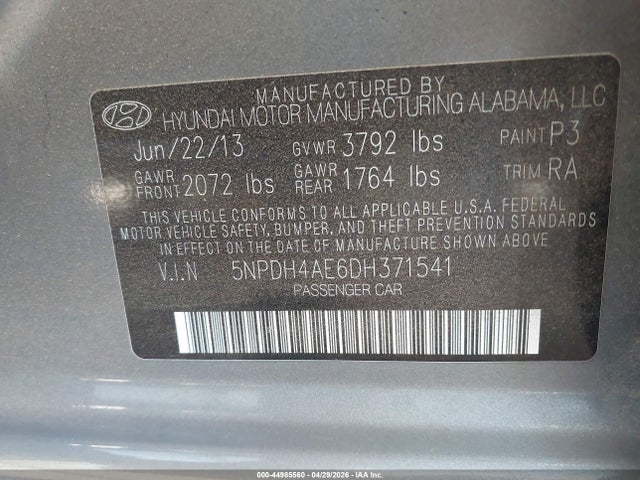 2013 Hyundai Elantra Gls მანქანა იყიდება აუქციონზე, vin: 5NPDH4AE6DH371541, აუქციონის ნომერი: 44985560