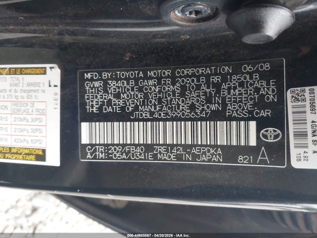 44985567 :رقم المزاد ، JTDBL40E399056347 vin ، 2009 Toyota Corolla Le مزاد بيع