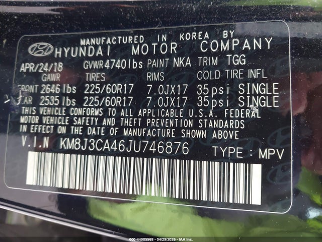 44985568 :رقم المزاد ، KM8J3CA46JU746876 vin ، 2018 Hyundai Tucson Sel مزاد بيع