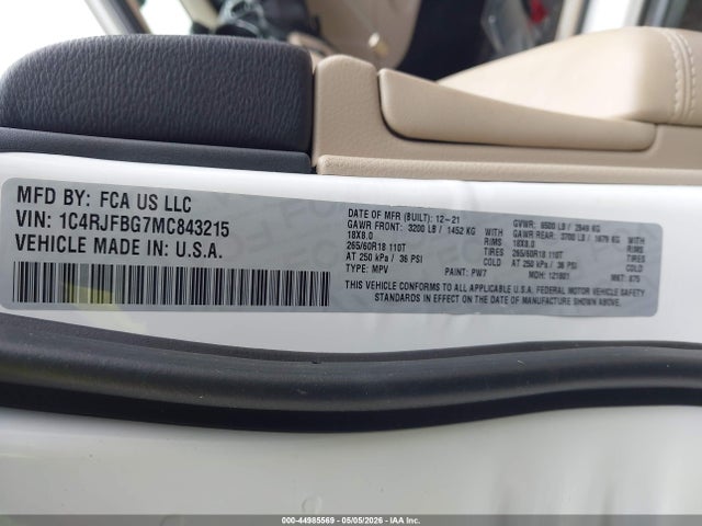 Продаж на аукціоні авто 2021 Jeep Grand Cherokee Limited 4x4, vin: 1C4RJFBG7MC843215, номер лоту: 44985569