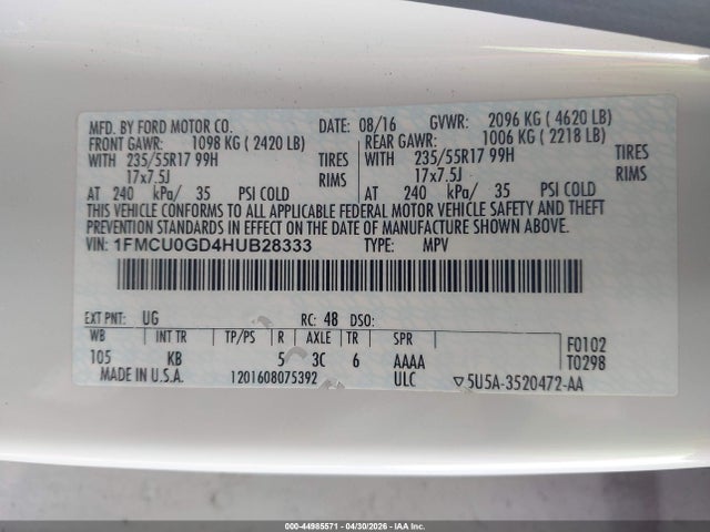 Aukcja sprzedaży 2017 Ford Escape Se, vin: 1FMCU0GD4HUB28333, numer aukcji: 44985571