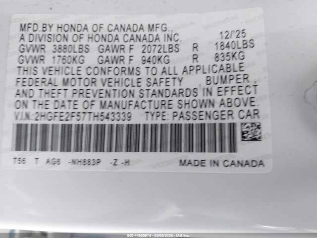 Auction sale of the 2026 Honda Civic Sport, vin: 2HGFE2F57TH543339, lot number: 44985574
