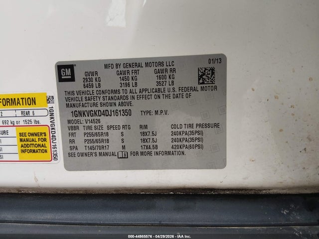 Aukcja sprzedaży 2013 Chevrolet Traverse 1lt, vin: 1GNKVGKD4DJ161350, numer aukcji: 44985576