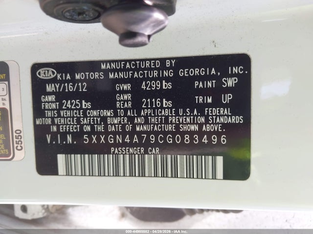 44985582 :رقم المزاد ، 5XXGN4A79CG083496 vin ، 2012 Kia Optima Ex مزاد بيع