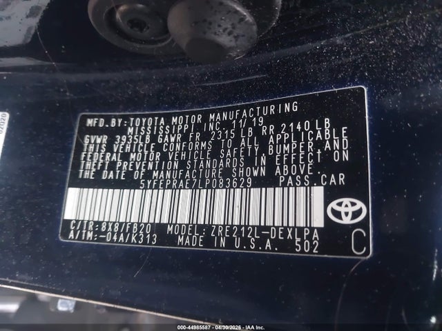 44985587 :رقم المزاد ، 5YFEPRAE7LP083629 vin ، 2020 Toyota Corolla Le مزاد بيع