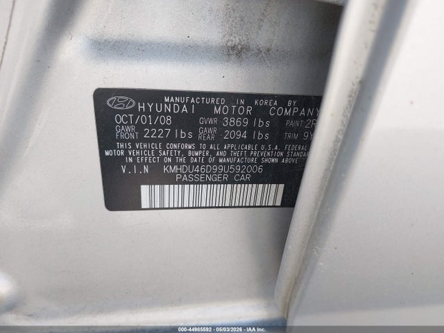 44985592 :رقم المزاد ، KMHDU46D99U592006 vin ، 2009 Hyundai Elantra Gls مزاد بيع