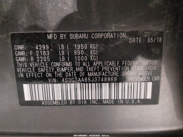 44985600 :رقم المزاد ، 4S3GTAA65J3748869 vin ، 2018 Subaru Impreza 2.0i مزاد بيع