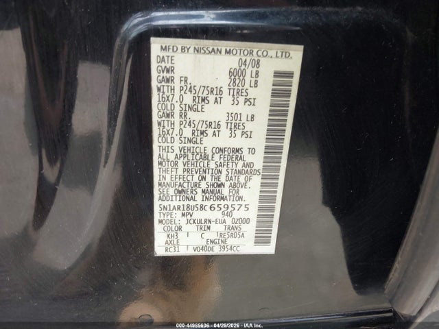 44985606 :رقم المزاد ، 5N1AR18U58C659575 vin ، 2008 Nissan Pathfinder S مزاد بيع