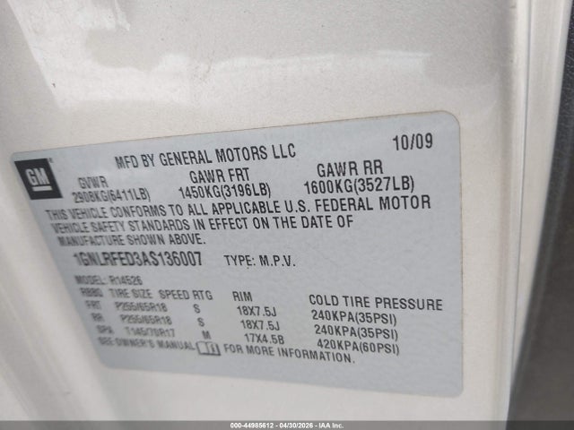 Aukcja sprzedaży 2010 Chevrolet Traverse Lt, vin: 1GNLRFED3AS136007, numer aukcji: 44985612