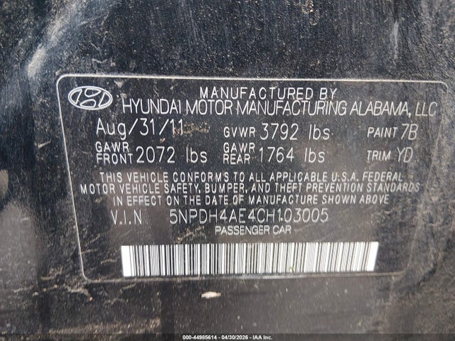 Продаж на аукціоні авто 2012 Hyundai Elantra Limited, vin: 5NPDH4AE4CH103005, номер лоту: 44985614
