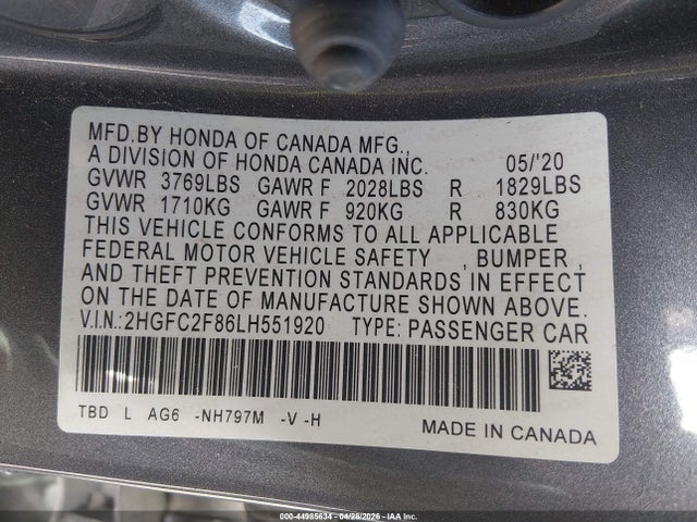 Aukcja sprzedaży 2020 Honda Civic Sport, vin: 2HGFC2F86LH551920, numer aukcji: 44985634