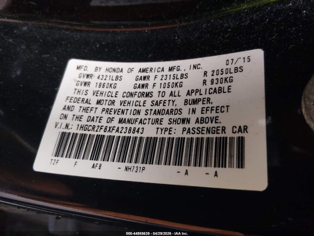 Aukcja sprzedaży 2015 Honda Accord Ex-l, vin: 1HGCR2F8XFA238843, numer aukcji: 44985639