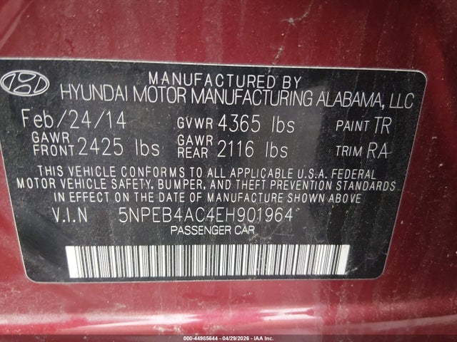 Aukcja sprzedaży 2014 Hyundai Sonata Gls, vin: 5NPEB4AC4EH901964, numer aukcji: 44985644