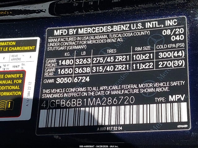 4JGFB6BB1MA286720 Mercedes-Benz Amg Gle 53 4matic