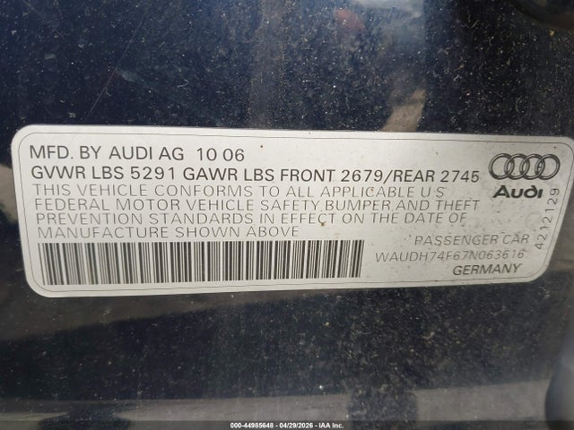 Aukcja sprzedaży 2007 Audi A6 3.2, vin: WAUDH74F67N063616, numer aukcji: 44985648