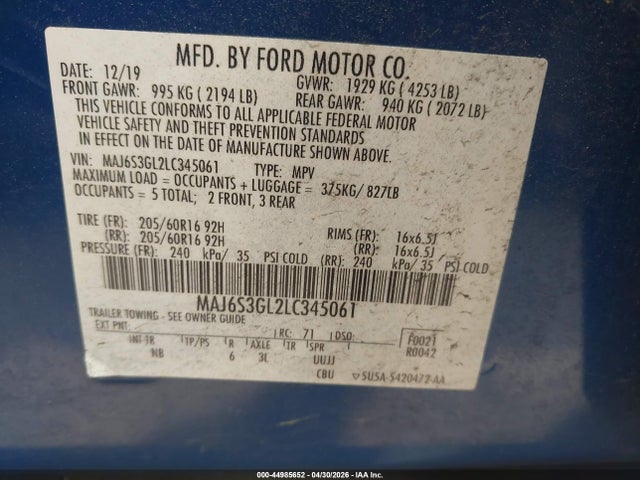 2020 Ford Ecosport Se მანქანა იყიდება აუქციონზე, vin: MAJ6S3GL2LC345061, აუქციონის ნომერი: 44985652