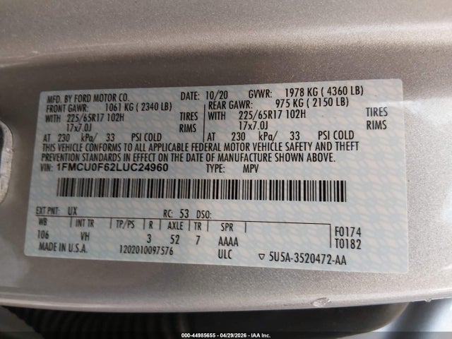 Продажа на аукционе авто 2020 Ford Escape S, vin: 1FMCU0F62LUC24960, номер лота: 44985655