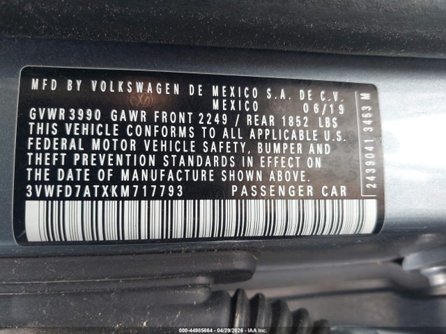44985664 :رقم المزاد ، 3VWFD7ATXKM717793 vin ، 2019 Volkswagen Beetle 2.0t Final Edition Se/2.0t Final Edition Sel/2.0t S مزاد بيع