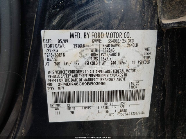 2009 Ford Edge Sel მანქანა იყიდება აუქციონზე, vin: 2FMDK48C69BB03996, აუქციონის ნომერი: 44985674