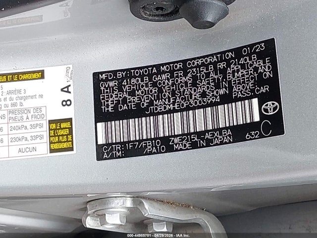 Продажа на аукционе авто 2023 Toyota Corolla Hybrid Le, vin: JTDBDMHE0P3003994, номер лота: 44985701