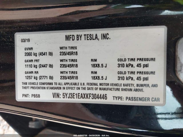 Aukcja sprzedaży 2019 Tesla Model 3 Long Range/mid Range/standard Range/standard Range Plus, vin: 5YJ3E1EAXKF304446, numer aukcji: 44985708