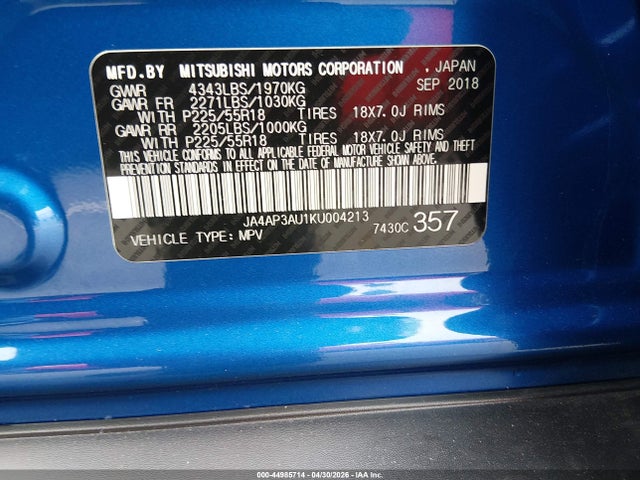 44985714 :رقم المزاد ، JA4AP3AU1KU004213 vin ، 2019 Mitsubishi Outlander Sport 2.0 Es مزاد بيع