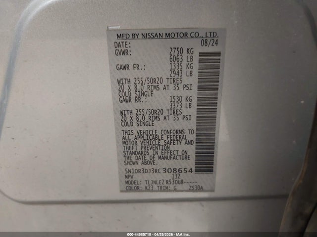 2024 Nissan Pathfinder Platinum 4wd მანქანა იყიდება აუქციონზე, vin: 5N1DR3DJ3RC308654, აუქციონის ნომერი: 44985718
