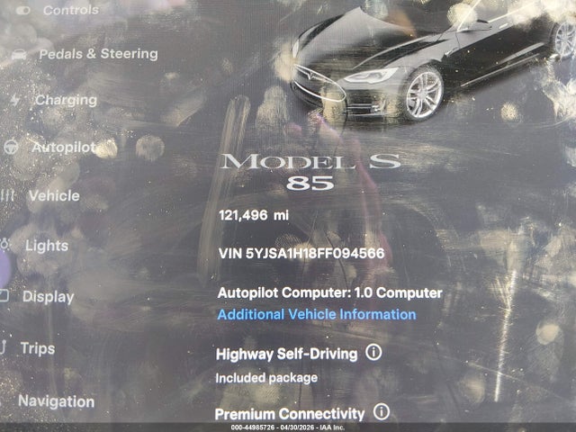 2015 Tesla Model S 60/70/85 მანქანა იყიდება აუქციონზე, vin: 5YJSA1H18FF094566, აუქციონის ნომერი: 44985726