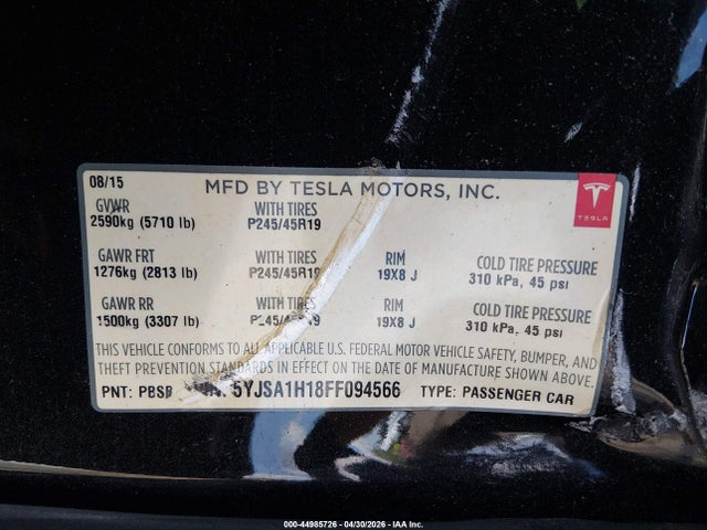 2015 Tesla Model S 60/70/85 მანქანა იყიდება აუქციონზე, vin: 5YJSA1H18FF094566, აუქციონის ნომერი: 44985726