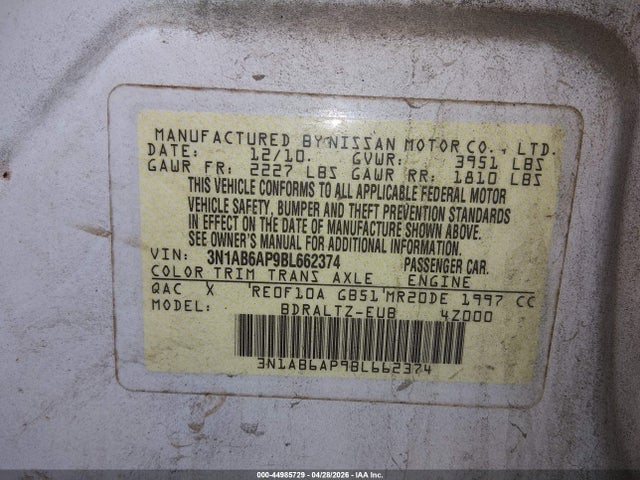 Aukcja sprzedaży 2011 Nissan Sentra 2.0s, vin: 3N1AB6AP9BL662374, numer aukcji: 44985729