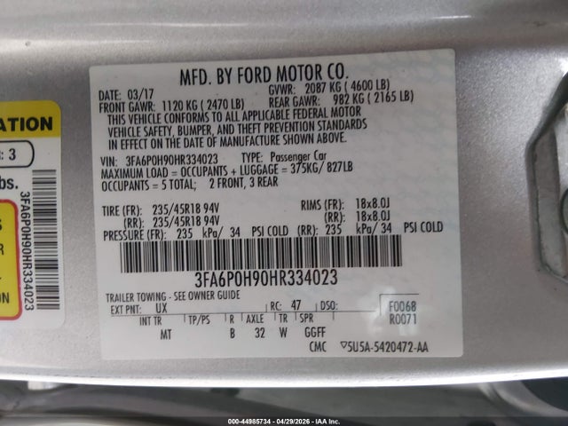 Aukcja sprzedaży 2017 Ford Fusion Se, vin: 3FA6P0H90HR334023, numer aukcji: 44985734