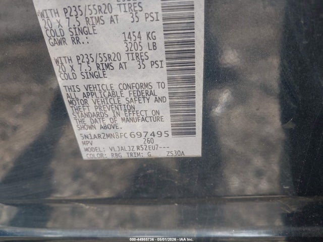 5N1AR2MN8FC697495 Nissan Pathfinder Platinum