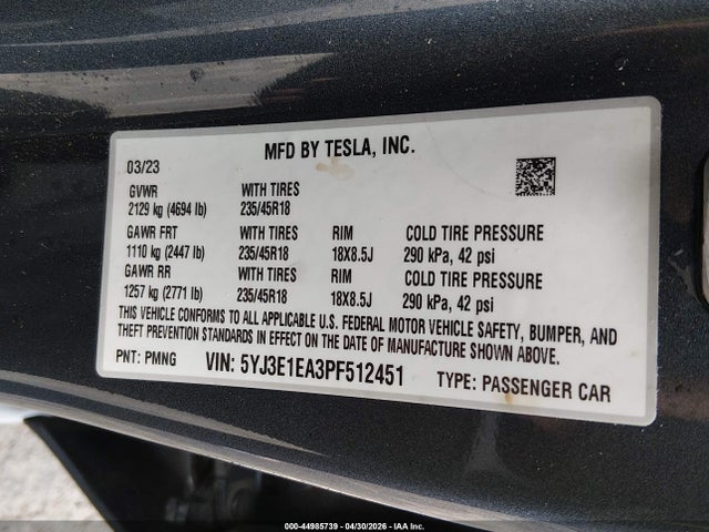Tesla Model 3 Rear-wheel Drive 2023 5YJ3E1EA3PF512451 Image 9