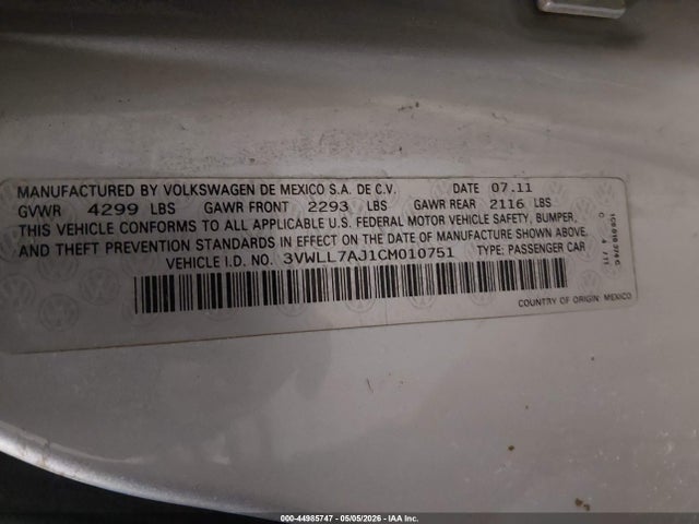 2012 Volkswagen Jetta 2.0l Tdi მანქანა იყიდება აუქციონზე, vin: 3VWLL7AJ1CM010751, აუქციონის ნომერი: 44985747