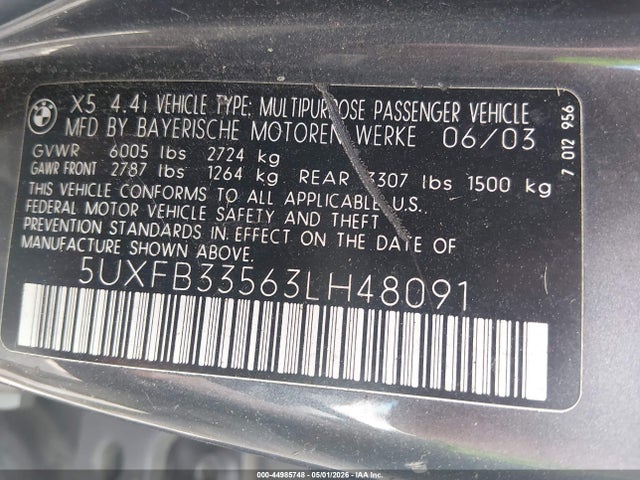 44985748 :رقم المزاد ، 5UXFB33563LH48091 vin ، 2003 Bmw X5 4.4i مزاد بيع