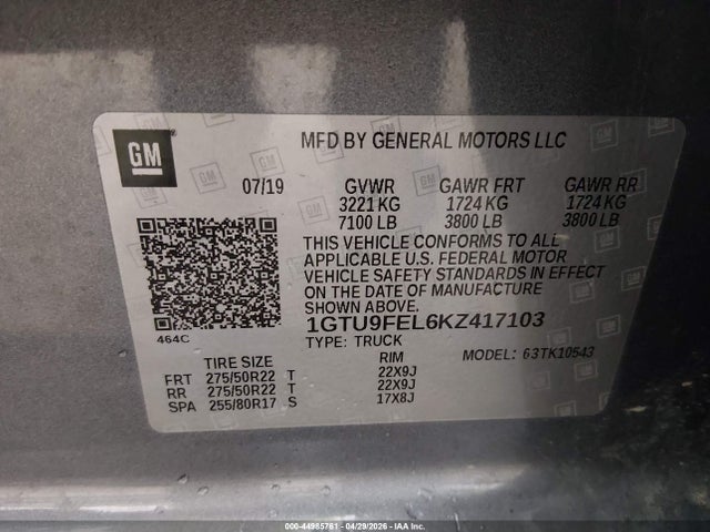 Продаж на аукціоні авто 2019 Gmc Sierra 1500 Denali, vin: 1GTU9FEL6KZ417103, номер лоту: 44985761